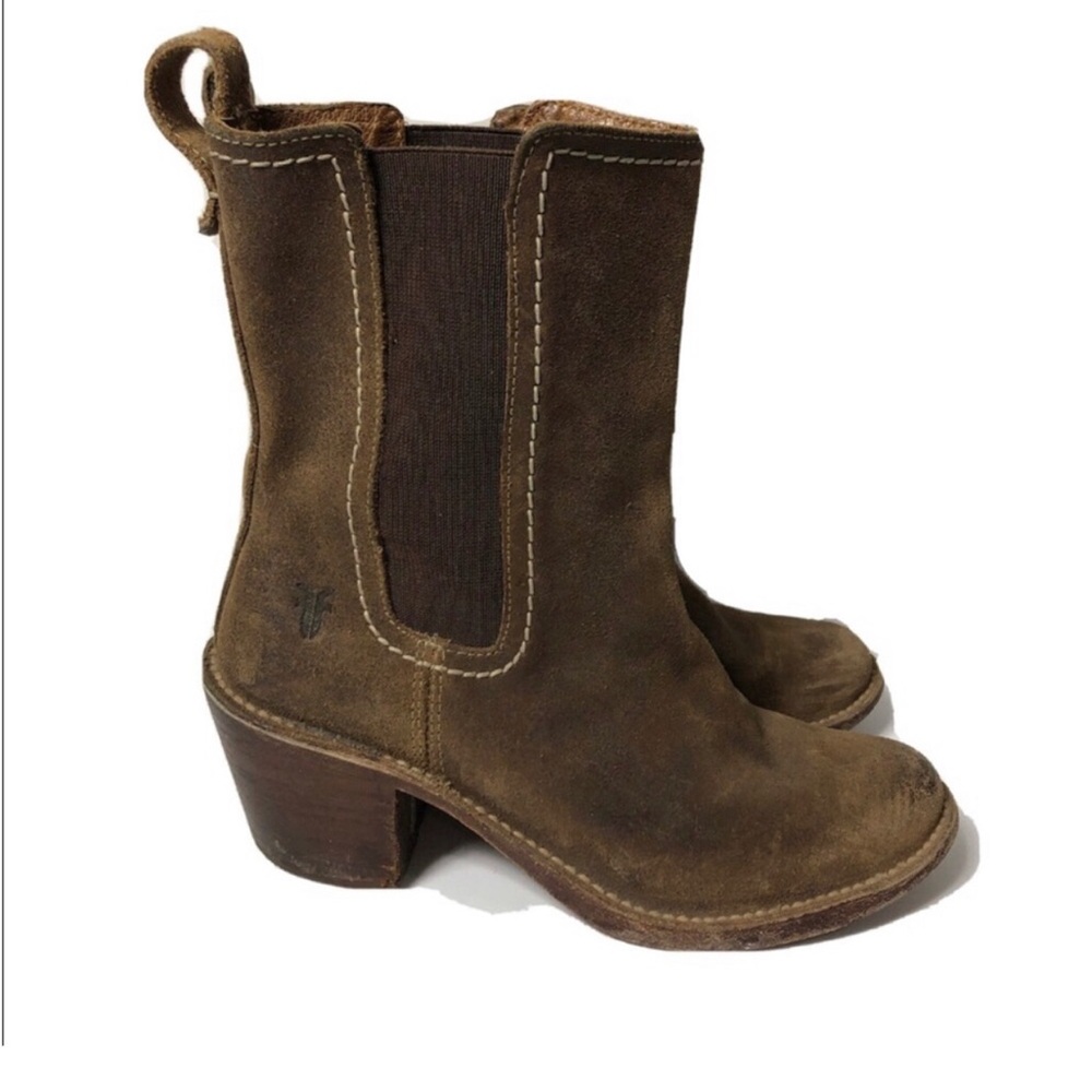 Frye suede olive brown heeled boots. Size 6.